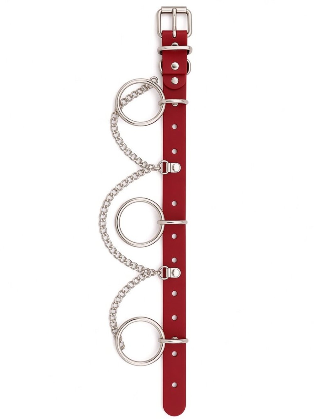 Red Leather 3-Ring Buckle Collar with Looping Chain Accents